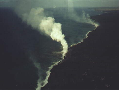 Kilauea's lava flow into the ocean from the air.